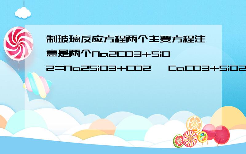 制玻璃反应方程两个主要方程注意是两个Na2CO3+SiO2=Na2SiO3+CO2↑ CaCO3+SiO2=CaSiO3