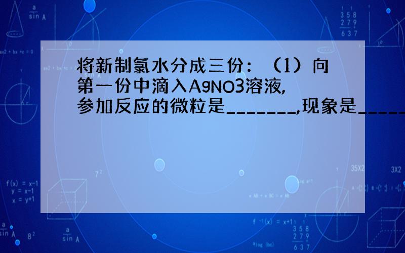 将新制氯水分成三份：（1）向第一份中滴入AgNO3溶液,参加反应的微粒是_______,现象是________,离子方程