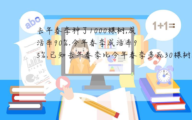 去年春季种了1000棵树,成活率90%.今年春季成活率95%.已知去年春季比今年春季多死30棵树.