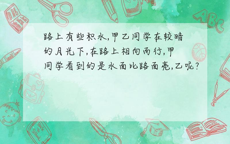 路上有些积水,甲乙同学在较暗的月光下,在路上相向而行,甲同学看到的是水面比路面亮,乙呢?