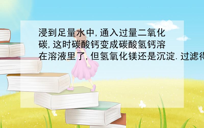 浸到足量水中,通入过量二氧化碳,这时碳酸钙变成碳酸氢钙溶在溶液里了,但氢氧化镁还是沉淀.过滤得到氢氧化镁,把滤液加热蒸干