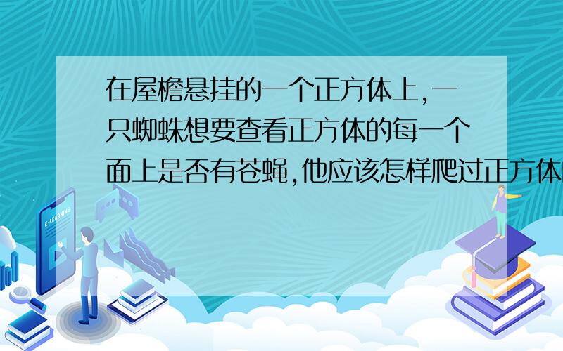 在屋檐悬挂的一个正方体上,一只蜘蛛想要查看正方体的每一个面上是否有苍蝇,他应该怎样爬过正方体的每一面,又能尽快返回原处休