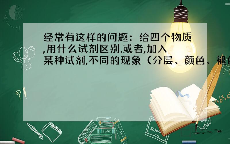 经常有这样的问题：给四个物质,用什么试剂区别.或者,加入某种试剂,不同的现象（分层、颜色、褪色、沉淀、冒气泡等）.越全越