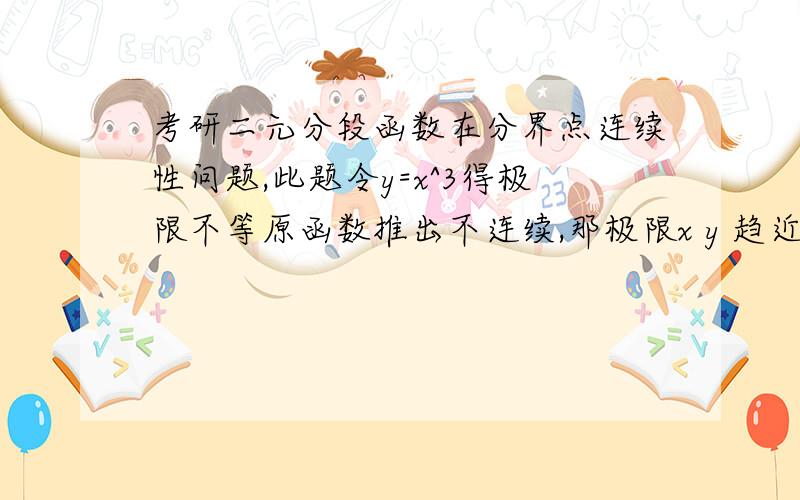 考研二元分段函数在分界点连续性问题,此题令y=x^3得极限不等原函数推出不连续,那极限x y 趋近