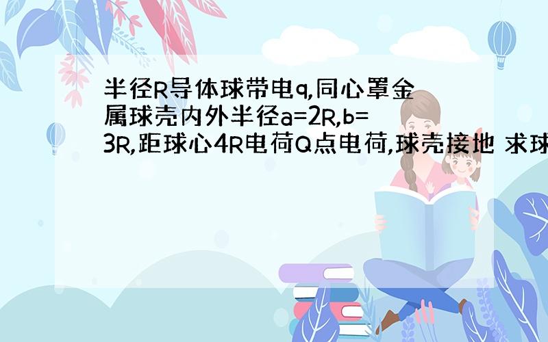 半径R导体球带电q,同心罩金属球壳内外半径a=2R,b=3R,距球心4R电荷Q点电荷,球壳接地 求球壳感生总电荷