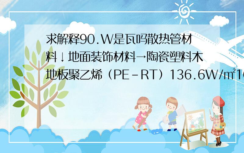 求解释90.W是瓦吗散热管材料↓地面装饰材料→陶瓷塑料木地板聚乙烯（PE-RT）136.6W/㎡103.5W/㎡93.5