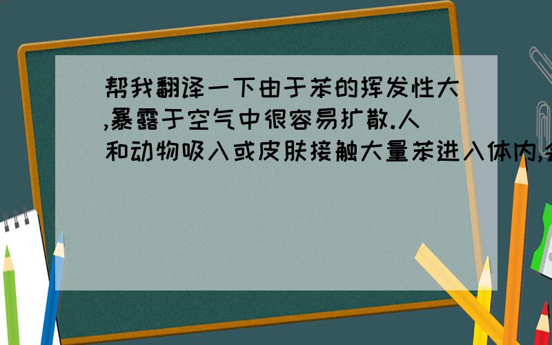 帮我翻译一下由于苯的挥发性大,暴露于空气中很容易扩散.人和动物吸入或皮肤接触大量苯进入体内,会引起急性和慢性苯中毒.有研