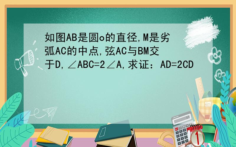 如图AB是圆o的直径,M是劣弧AC的中点,弦AC与BM交于D,∠ABC=2∠A,求证：AD=2CD