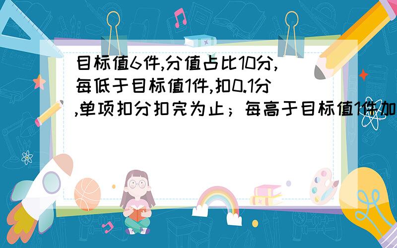 目标值6件,分值占比10分,每低于目标值1件,扣0.1分,单项扣分扣完为止；每高于目标值1件加0.2分,公式如何写?