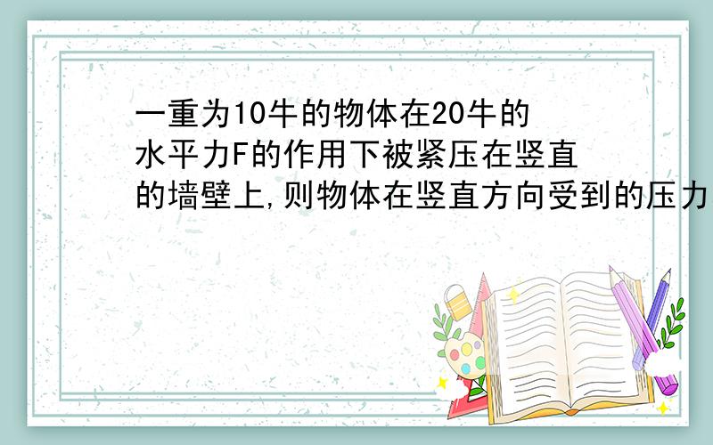 一重为10牛的物体在20牛的水平力F的作用下被紧压在竖直的墙壁上,则物体在竖直方向受到的压力和静摩擦力