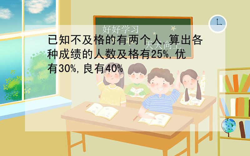 已知不及格的有两个人,算出各种成绩的人数及格有25%,优有30%,良有40%