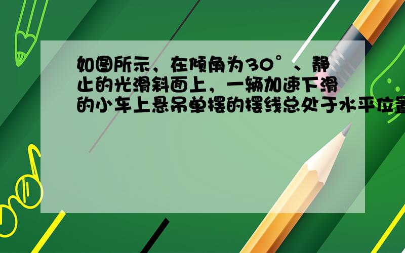 如图所示，在倾角为30°、静止的光滑斜面上，一辆加速下滑的小车上悬吊单摆的摆线总处于水平位置.已知车的质量和摆球的质量均