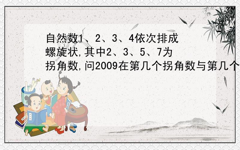 自然数1、2、3、4依次排成螺旋状,其中2、3、5、7为拐角数,问2009在第几个拐角数与第几个拐角数之间?