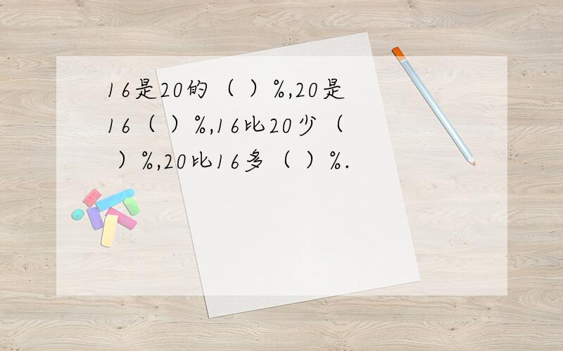 16是20的（ ）%,20是16（ ）%,16比20少（ ）%,20比16多（ ）%.