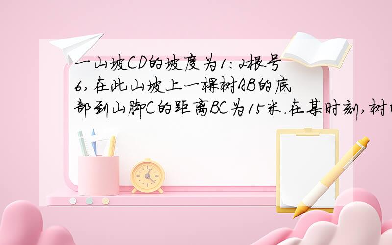 一山坡CD的坡度为1:2根号6,在此山坡上一棵树AB的底部到山脚C的距离BC为15米.在某时刻,树的影子落在山脚下水平地