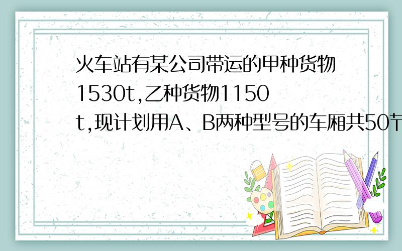 火车站有某公司带运的甲种货物1530t,乙种货物1150t,现计划用A、B两种型号的车厢共50节运送这批货物.已知35t