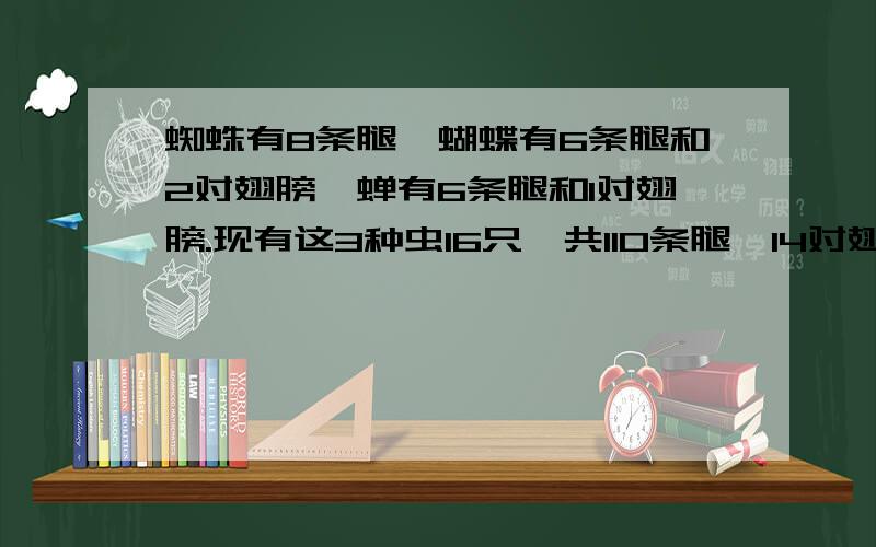 蜘蛛有8条腿,蝴蝶有6条腿和2对翅膀,蝉有6条腿和1对翅膀.现有这3种虫16只,共110条腿,14对翅膀.虫各几