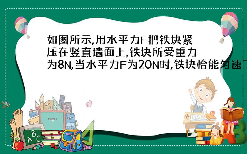 如图所示,用水平力F把铁块紧压在竖直墙面上,铁块所受重力为8N,当水平力F为20N时,铁块恰能匀速下滑,铁块所受摩擦力为