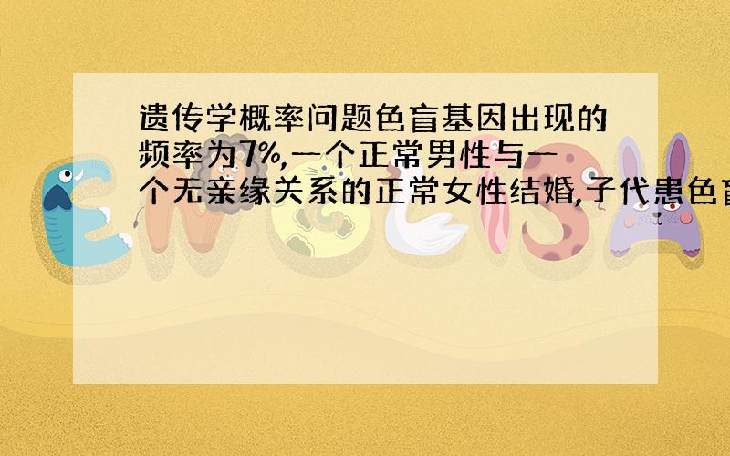 遗传学概率问题色盲基因出现的频率为7%,一个正常男性与一个无亲缘关系的正常女性结婚,子代患色盲的可能性是A 7/400B