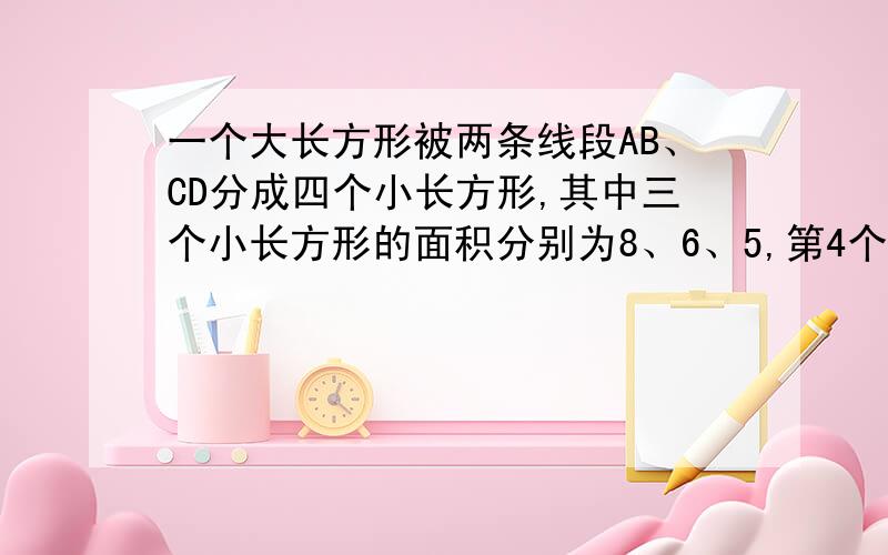 一个大长方形被两条线段AB、CD分成四个小长方形,其中三个小长方形的面积分别为8、6、5,第4个小长方形的