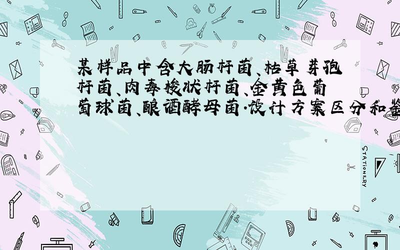 某样品中含大肠杆菌、枯草芽孢杆菌、肉毒梭状杆菌、金黄色葡萄球菌、酿酒酵母菌.设计方案区分和鉴别它们