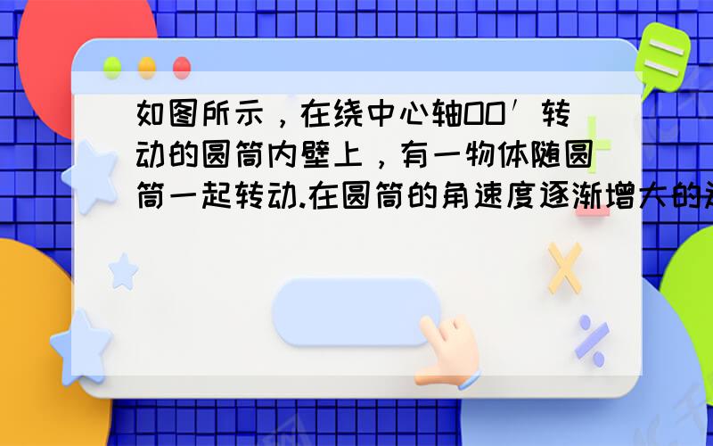 如图所示，在绕中心轴OO′转动的圆筒内壁上，有一物体随圆筒一起转动.在圆筒的角速度逐渐增大的过程中，物体相对圆筒始终未滑