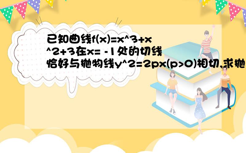 已知曲线f(x)=x^3+x^2+3在x= -1处的切线恰好与抛物线y^2=2px(p>0)相切,求抛物线方程与抛物线上