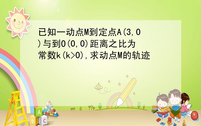 已知一动点M到定点A(3,0)与到O(0,0)距离之比为常数k(k>0),求动点M的轨迹