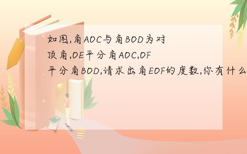 如图,角AOC与角BOD为对顶角,OE平分角AOC,OF平分角BOD,请求出角EOF的度数,你有什么发现,能用一句话简洁