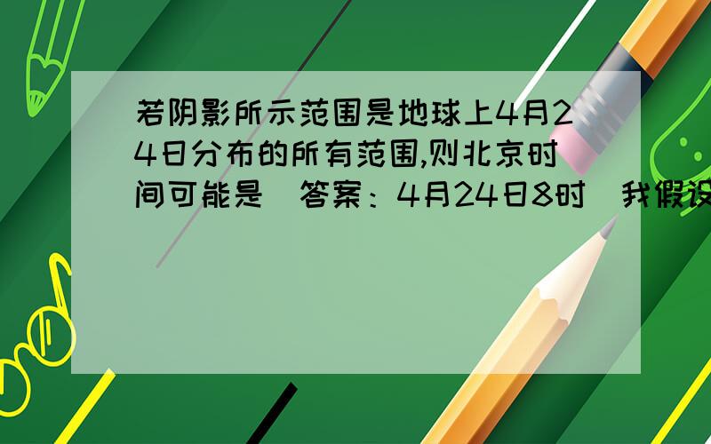 若阴影所示范围是地球上4月24日分布的所有范围,则北京时间可能是（答案：4月24日8时）我假设左侧经线为零点,右侧经线为