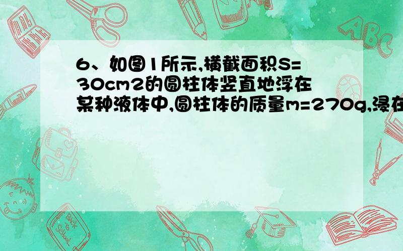 6、如图1所示,横截面积S=30cm2的圆柱体竖直地浮在某种液体中,圆柱体的质量m=270g,浸在液体中的深度是h=10