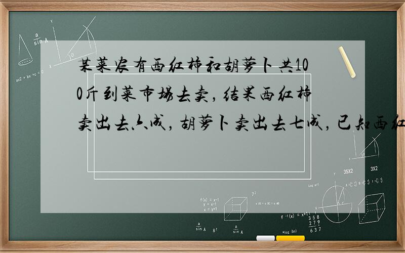 某菜农有西红柿和胡萝卜共100斤到菜市场去卖，结果西红柿卖出去六成，胡萝卜卖出去七成，已知西红柿每斤7角，胡萝卜每斤6角