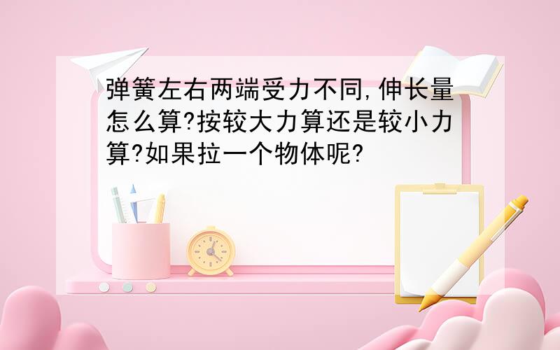 弹簧左右两端受力不同,伸长量怎么算?按较大力算还是较小力算?如果拉一个物体呢?