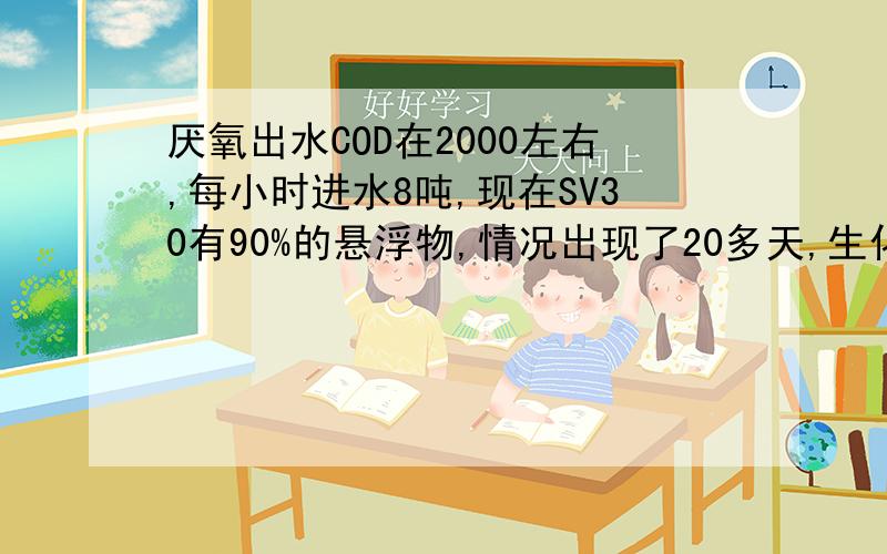 厌氧出水COD在2000左右,每小时进水8吨,现在SV30有90%的悬浮物,情况出现了20多天,生化池是400吨的量,不