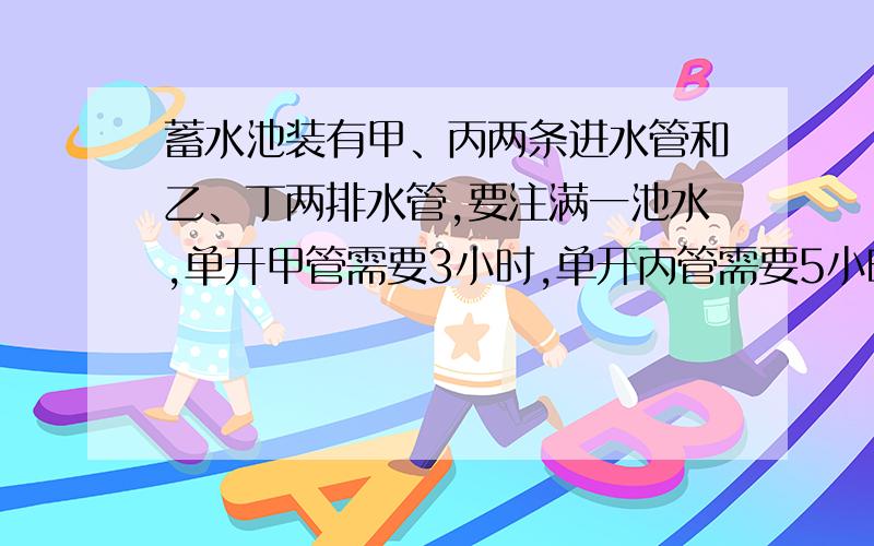 蓄水池装有甲、丙两条进水管和乙、丁两排水管,要注满一池水,单开甲管需要3小时,单开丙管需要5小时