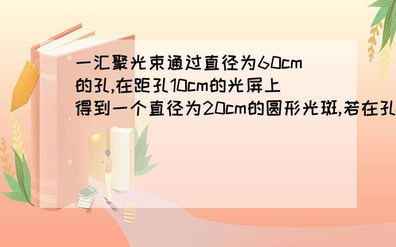 一汇聚光束通过直径为60cm的孔,在距孔10cm的光屏上得到一个直径为20cm的圆形光斑,若在孔中放一块凹透镜,在光屏上