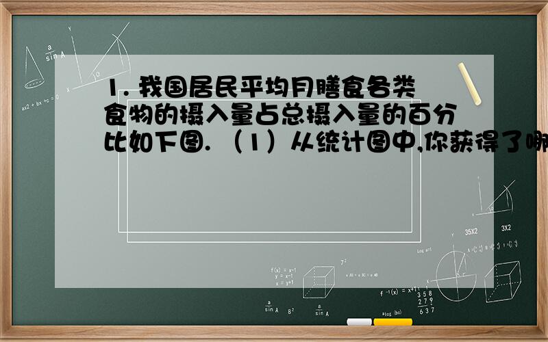 1. 我国居民平均月膳食各类食物的摄入量占总摄入量的百分比如下图. （1）从统计图中,你获得了哪些信息.