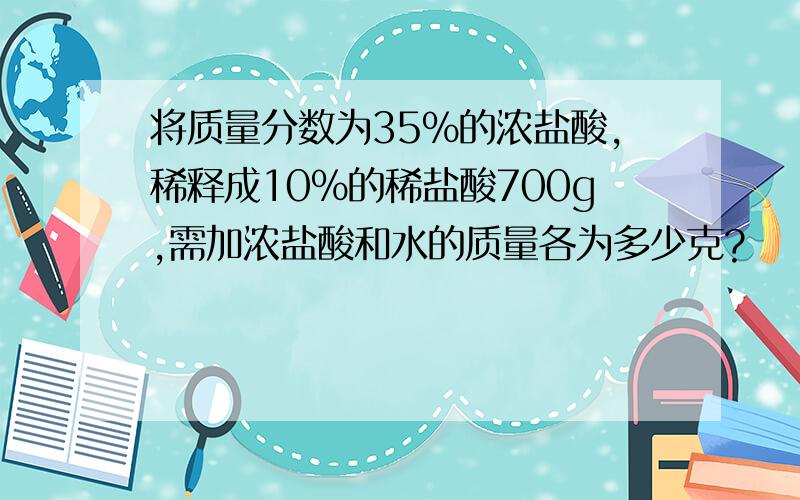 将质量分数为35%的浓盐酸,稀释成10%的稀盐酸700g,需加浓盐酸和水的质量各为多少克?