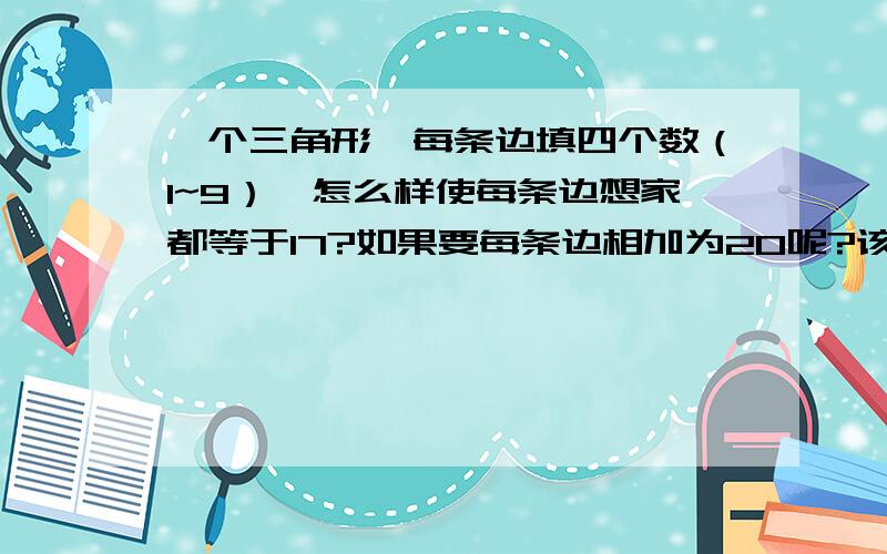 一个三角形,每条边填四个数（1~9）,怎么样使每条边想家都等于17?如果要每条边相加为20呢?该怎么填?