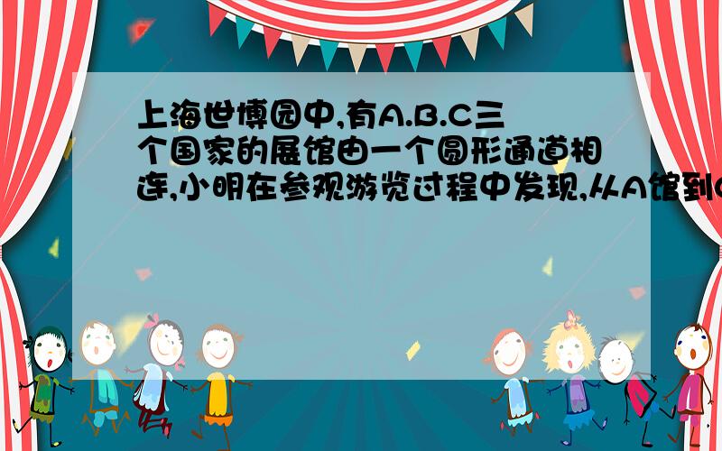 上海世博园中,有A.B.C三个国家的展馆由一个圆形通道相连,小明在参观游览过程中发现,从A馆到C馆要12分钟