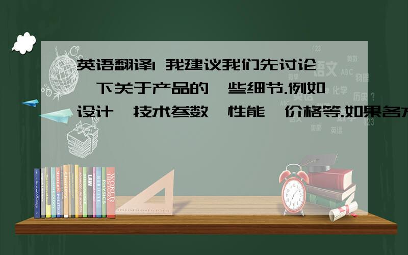 英语翻译1 我建议我们先讨论一下关于产品的一些细节.例如设计,技术参数,性能,价格等.如果各方面你都满意的话,我再向你进