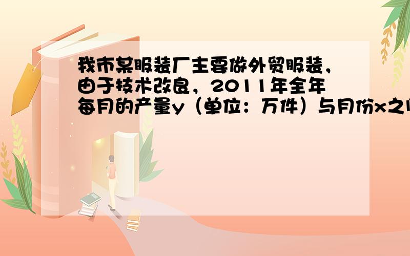 我市某服装厂主要做外贸服装，由于技术改良，2011年全年每月的产量y（单位：万件）与月份x之间可以用一次函数 表示，但由