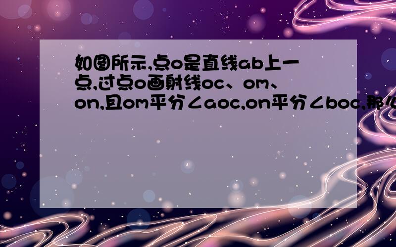 如图所示,点o是直线ab上一点,过点o画射线oc、om、on,且om平分∠aoc,on平分∠boc,那么射线omon的位