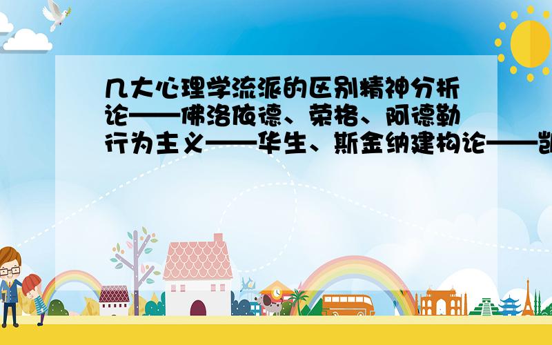 几大心理学流派的区别精神分析论——佛洛依德、荣格、阿德勒行为主义——华生、斯金纳建构论——凯莉特质论——奥尔波特、卡特尔