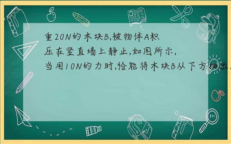 重20N的木块B,被物体A积压在竖直墙上静止,如图所示,当用10N的力时,恰能将木块B从下方抽出.要将木块B从上端抽出,