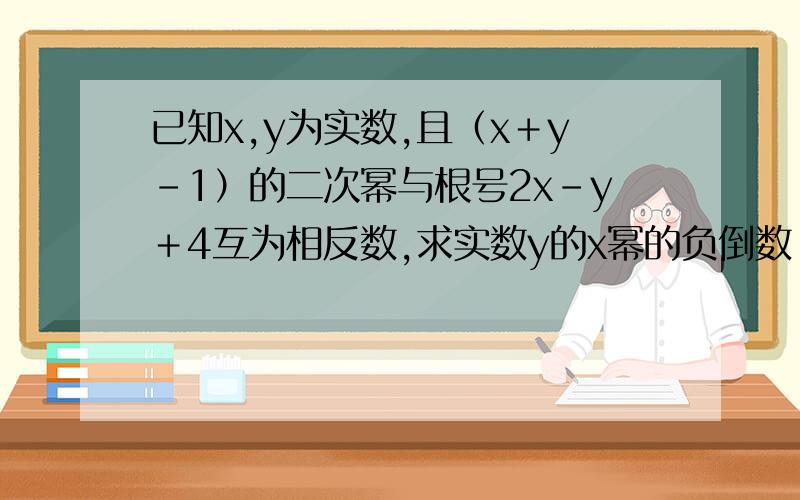 已知x,y为实数,且（x＋y－1）的二次幂与根号2x－y＋4互为相反数,求实数y的x幂的负倒数