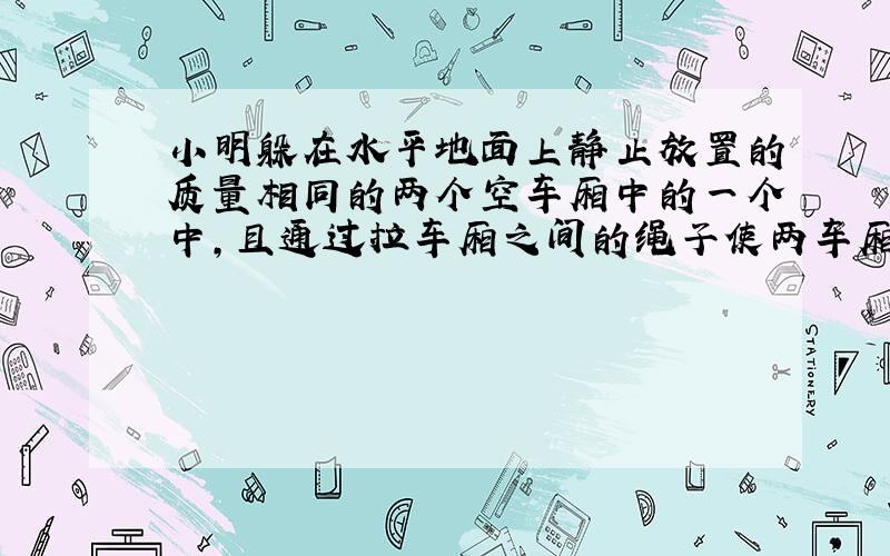 小明躲在水平地面上静止放置的质量相同的两个空车厢中的一个中,且通过拉车厢之间的绳子使两车厢互相靠近,若不计绳子质量及车厢