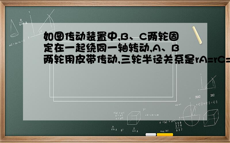 如图传动装置中,B、C两轮固定在一起绕同一轴转动,A、B两轮用皮带传动,三轮半径关系是rA=rC=2rB；