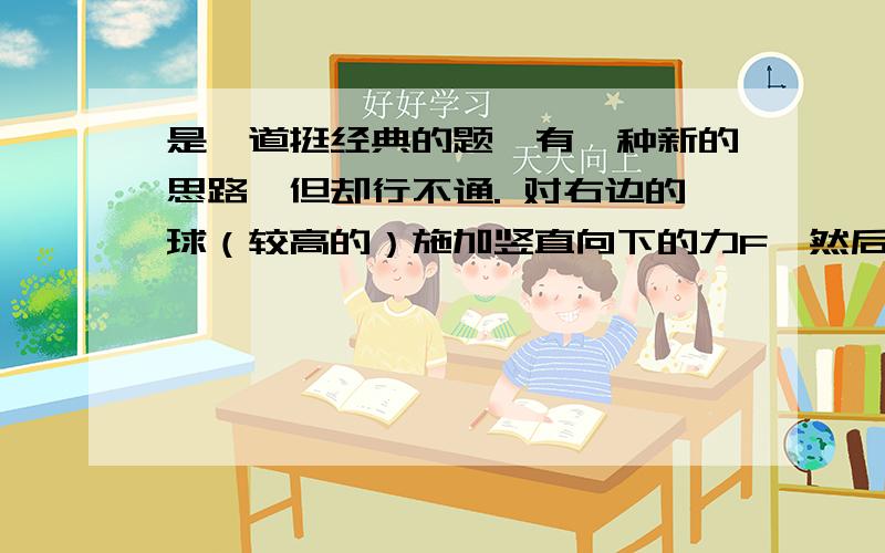 是一道挺经典的题,有一种新的思路,但却行不通. 对右边的球（较高的）施加竖直向下的力F,然后受力分析