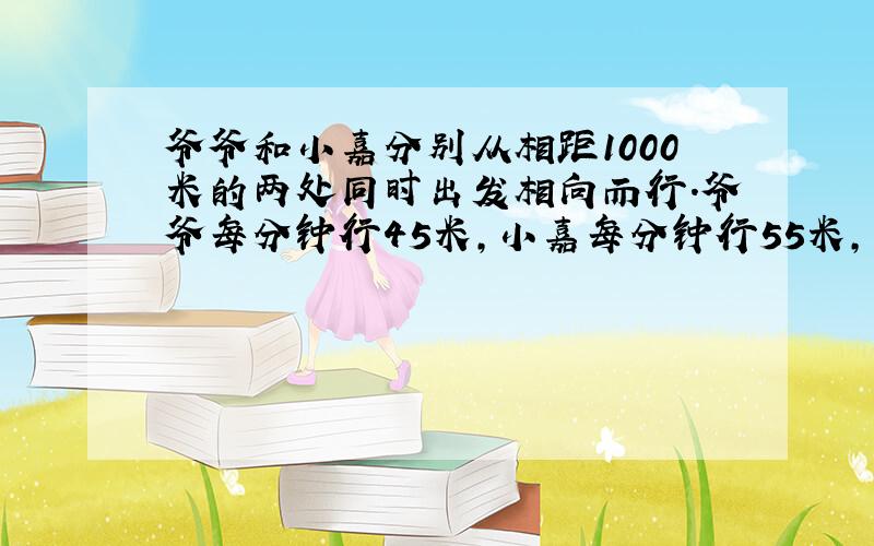 爷爷和小嘉分别从相距1000米的两处同时出发相向而行.爷爷每分钟行45米,小嘉每分钟行55米,小嘉身边的小狗乐乐也和小嘉